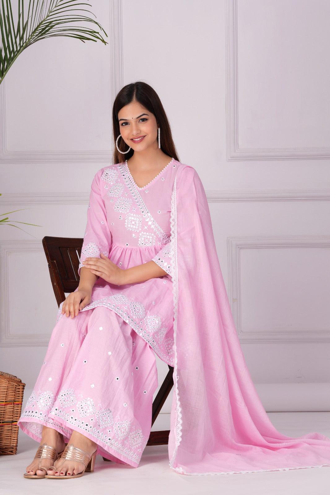 Pink Embroidered Kurta Sharara Set with Dupatta