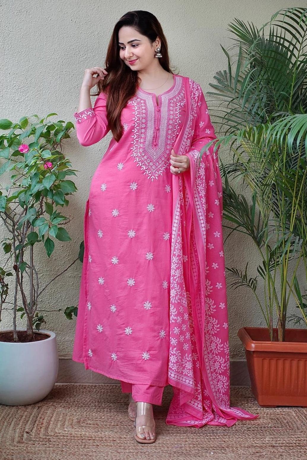 Pale Magenta Embroidered Suit Set with Dupatta