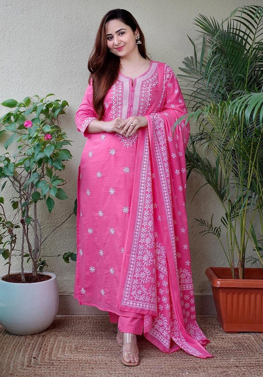 Pale Magenta Embroidered Suit Set with Dupatta