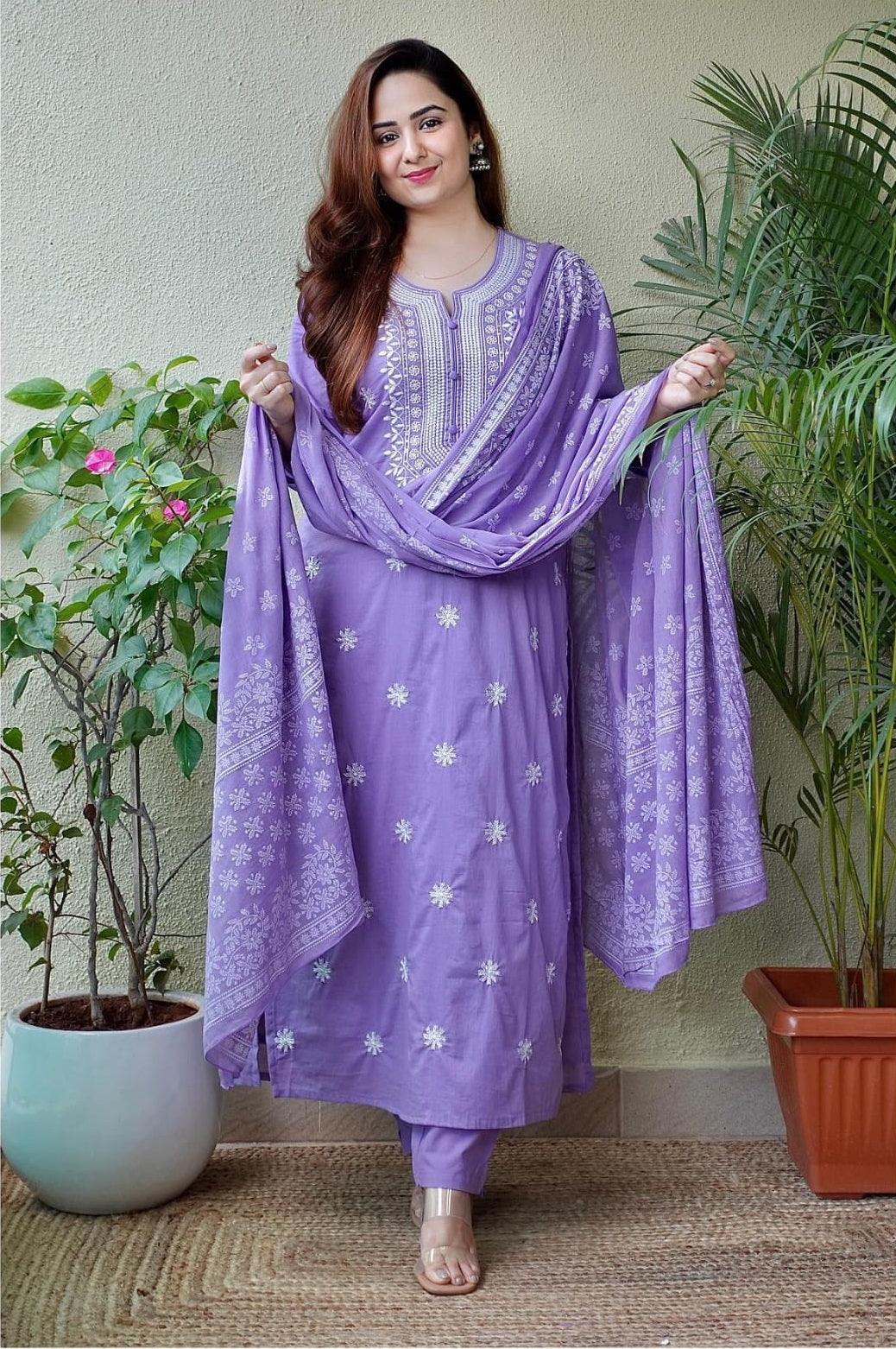 Dark Pastel Purple Embroidered Suit Set with Dupatta