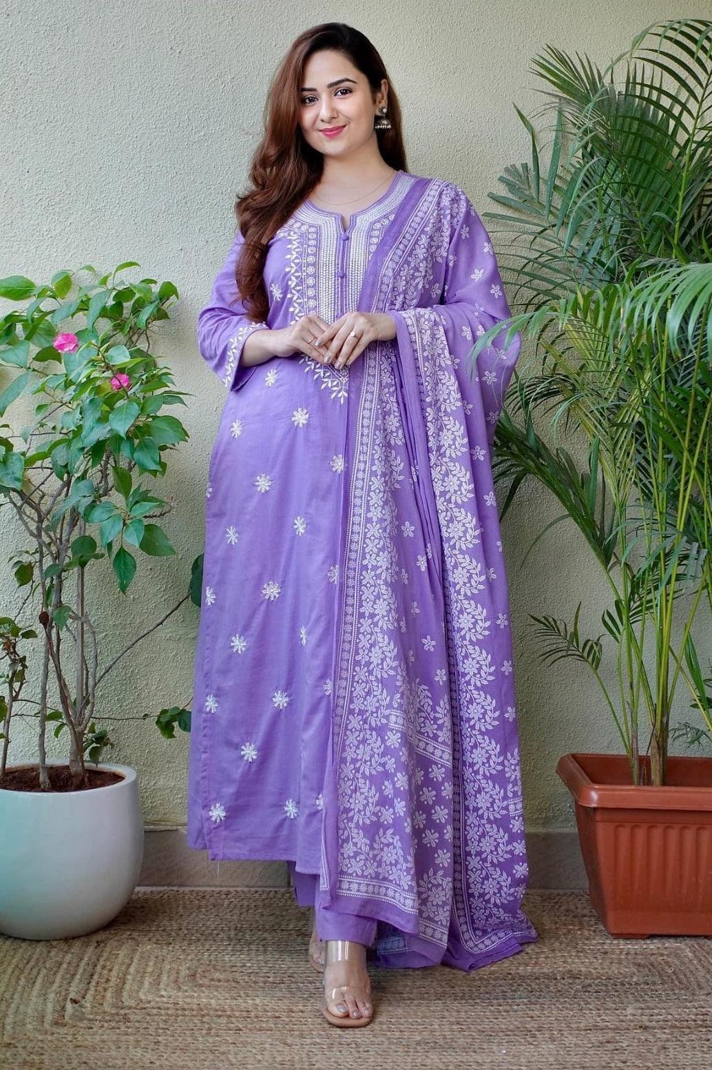 Dark Pastel Purple Embroidered Suit Set with Dupatta