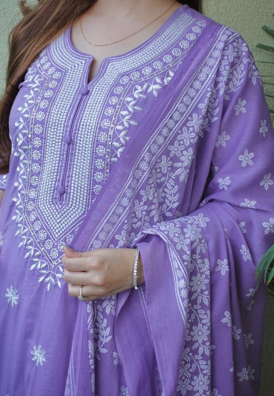 Dark Pastel Purple Embroidered Suit Set with Dupatta