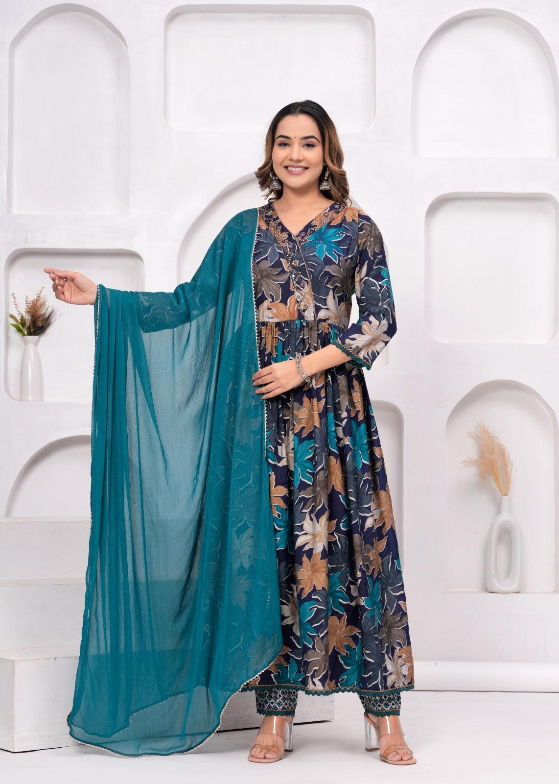 Floral Printed Muslin Anarkali Suit Set with Teal Blue Georgette Dupatta