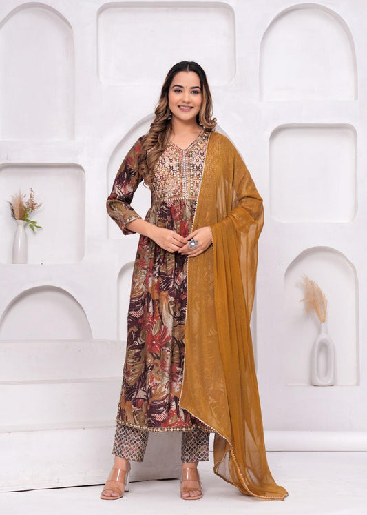 Embroidered Printed Nayra Cut Suit Set with with Light Brown Georgette Dupatta