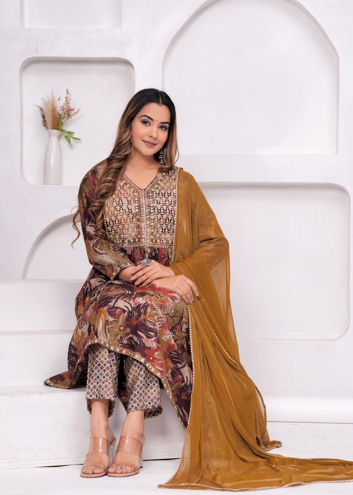 Embroidered Printed Nayra Cut Suit Set with with Light Brown Georgette Dupatta