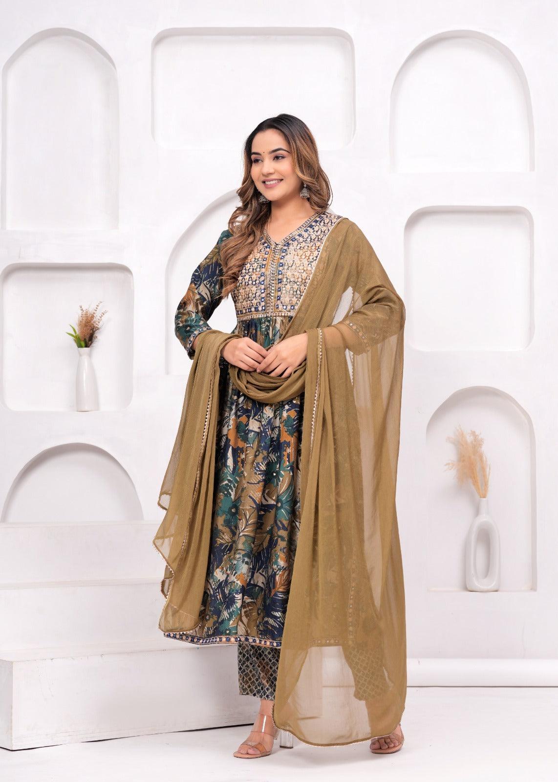 Embroidered Printed Nayra Cut Suit Set With With Pale Brown Georgette Dupatta