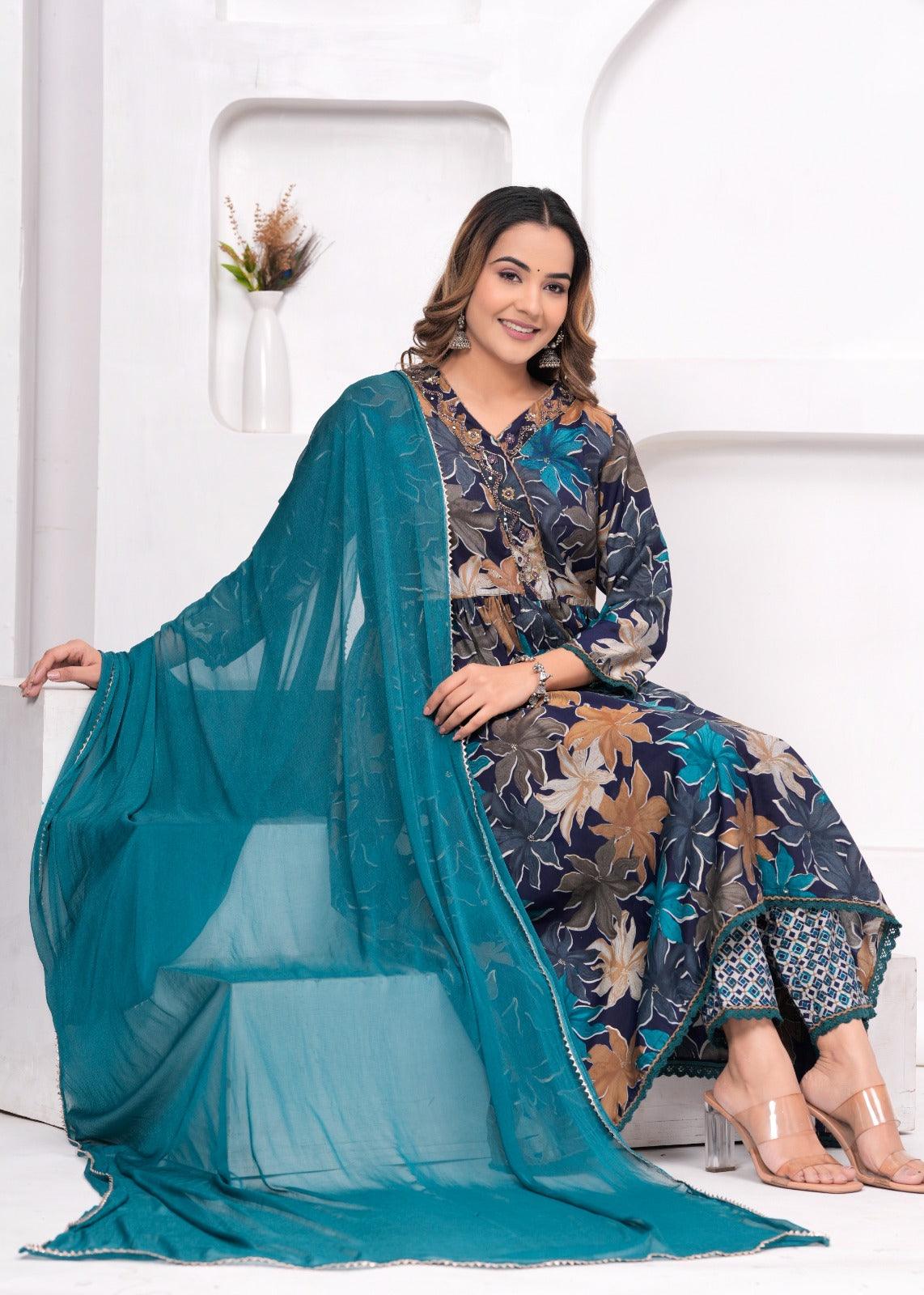 Floral Printed Muslin Anarkali Suit Set with Teal Blue Georgette Dupatta