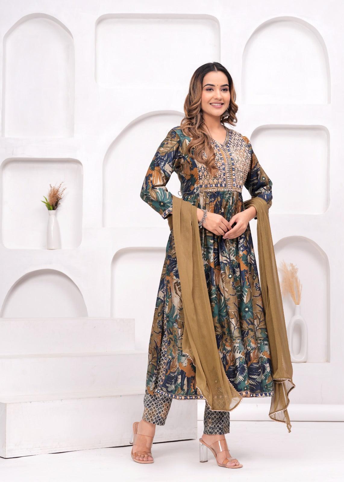 Embroidered Printed Nayra Cut Suit Set With With Pale Brown Georgette Dupatta