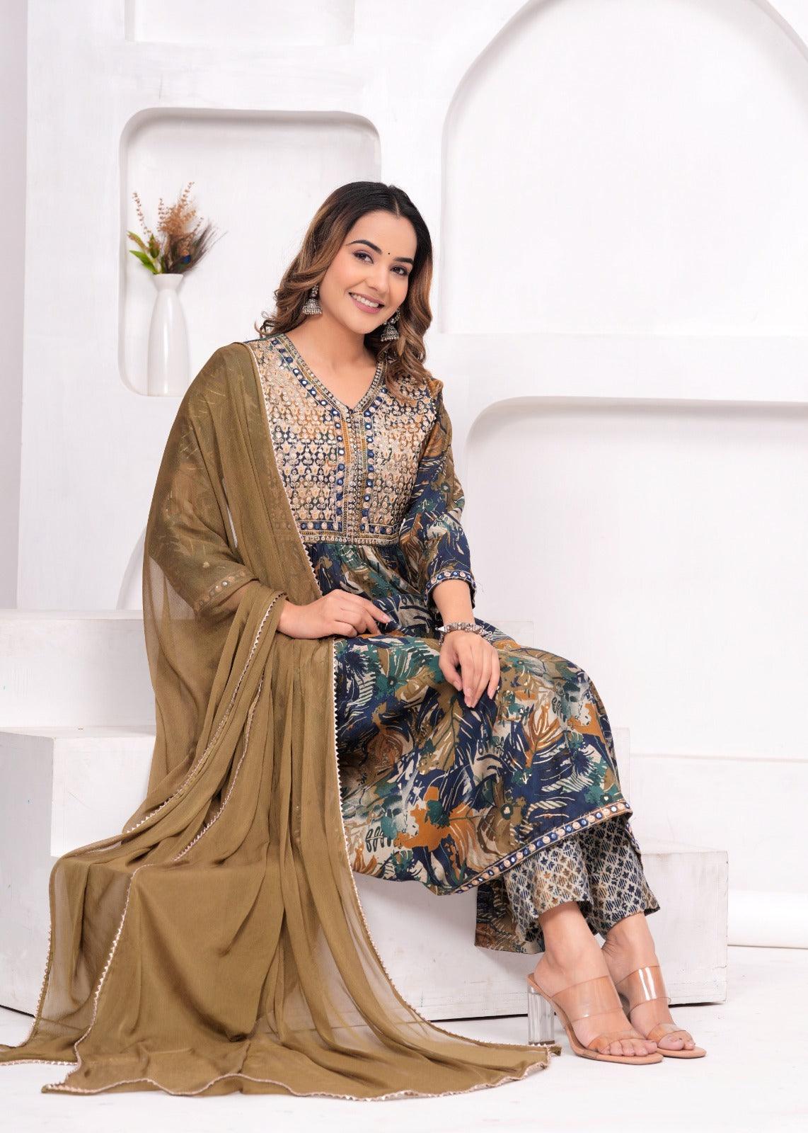 Embroidered Printed Nayra Cut Suit Set With With Pale Brown Georgette Dupatta