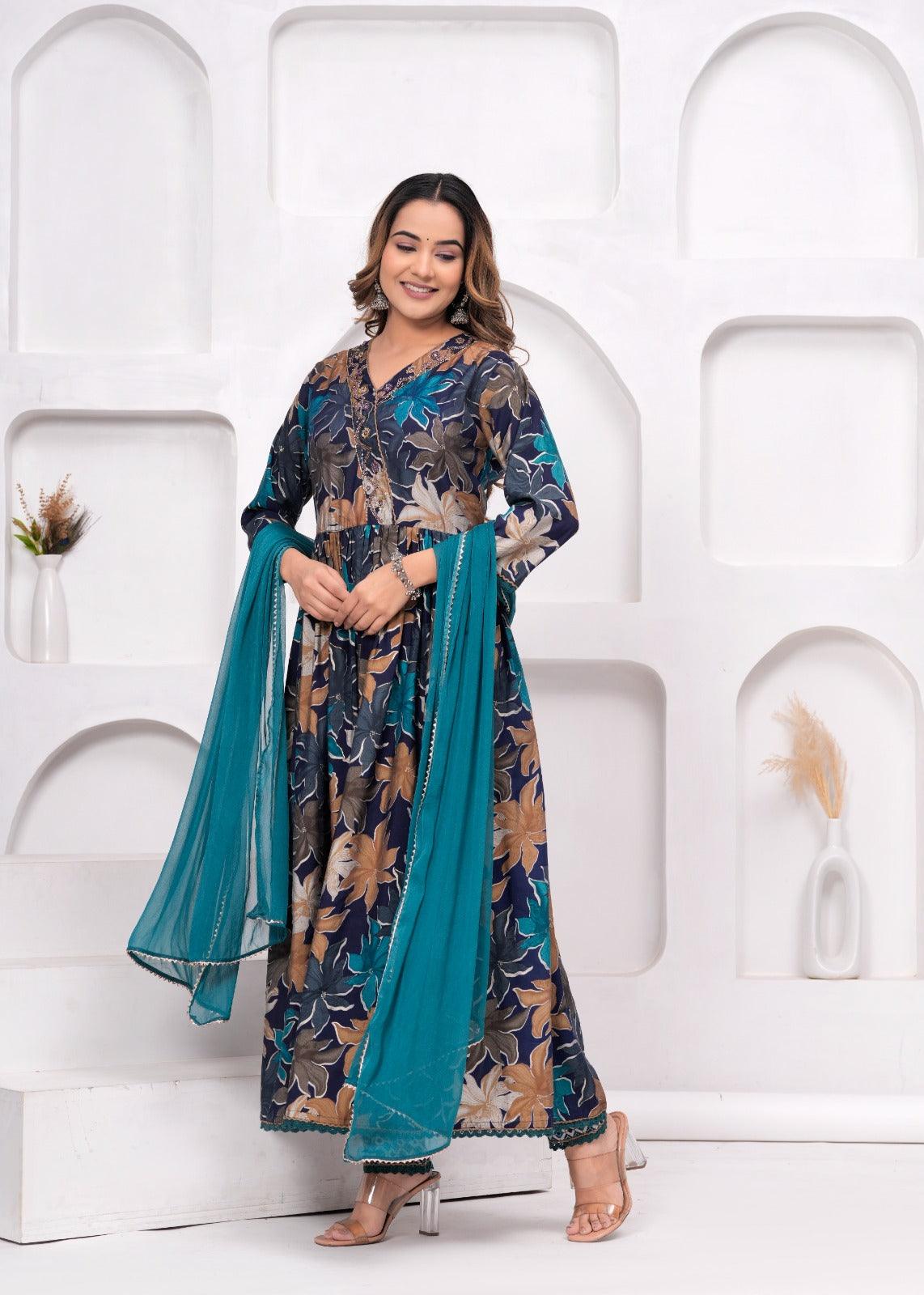 Floral Printed Muslin Anarkali Suit Set with Teal Blue Georgette Dupatta