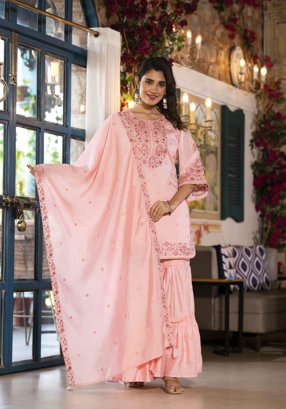 Heavy Embroidered Peach Russian Silk Short Kurti with Sharara and Dupatta