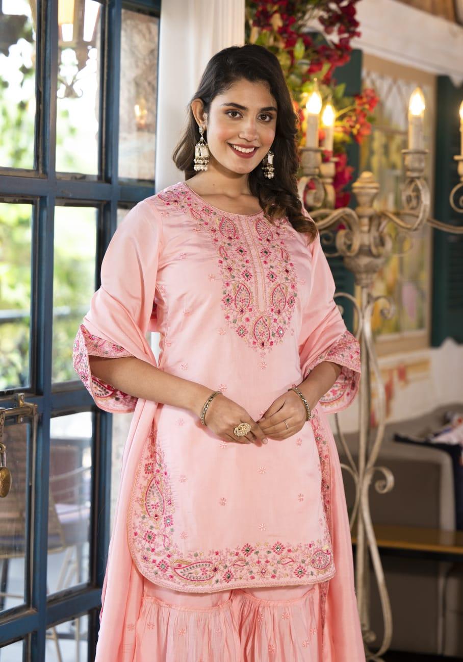 Heavy Embroidered Peach Russian Silk Short Kurti with Sharara and Dupatta