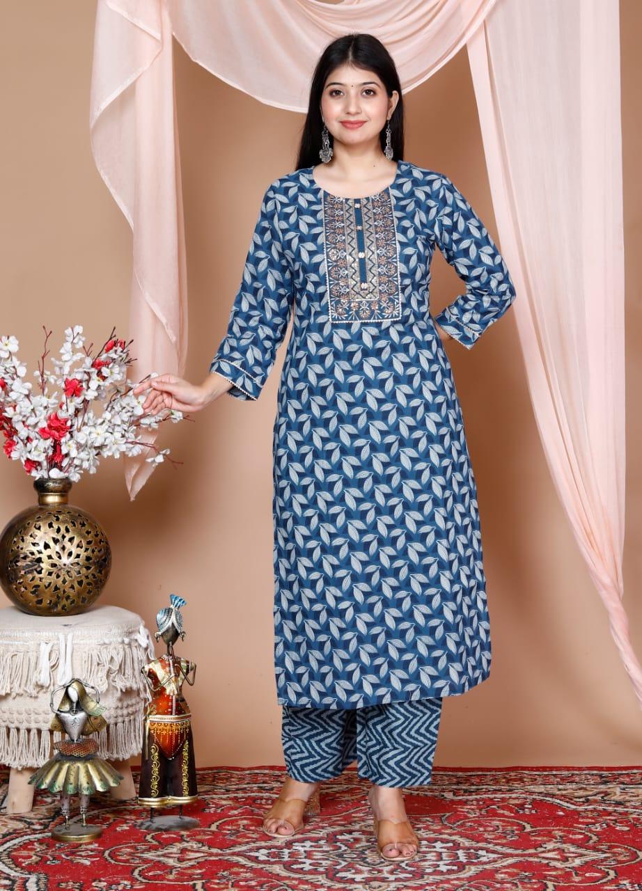 Printed Cotton Kurta and Pant Set with Printed Mulmul Dupatta