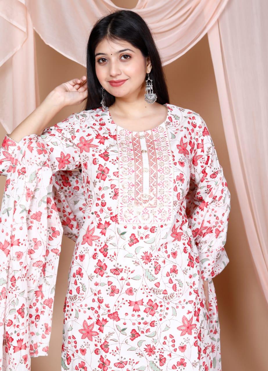 Printed Cotton Kurta and Pant Set with Mulmul Dupatta