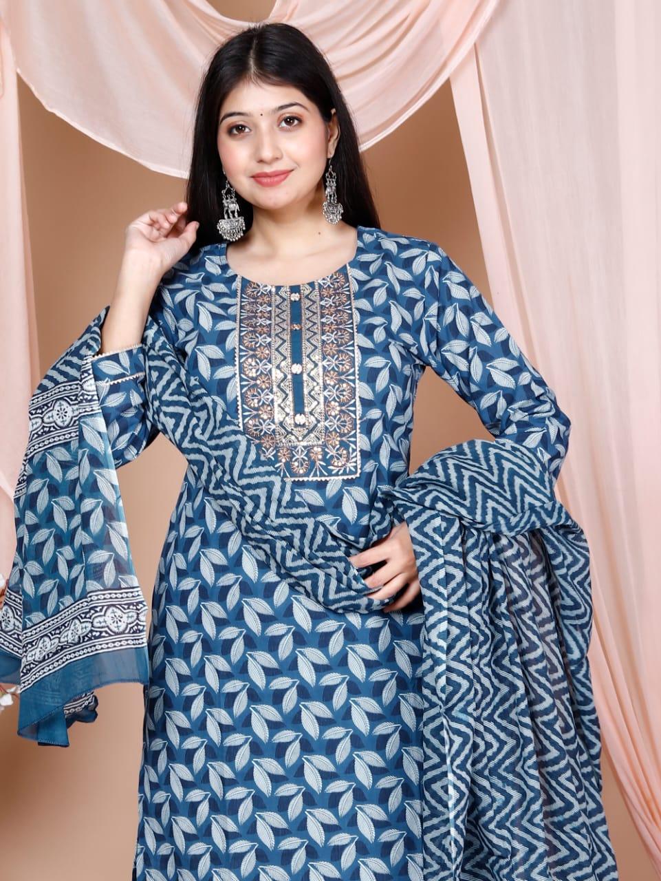 Printed Cotton Kurta and Pant Set with Printed Mulmul Dupatta