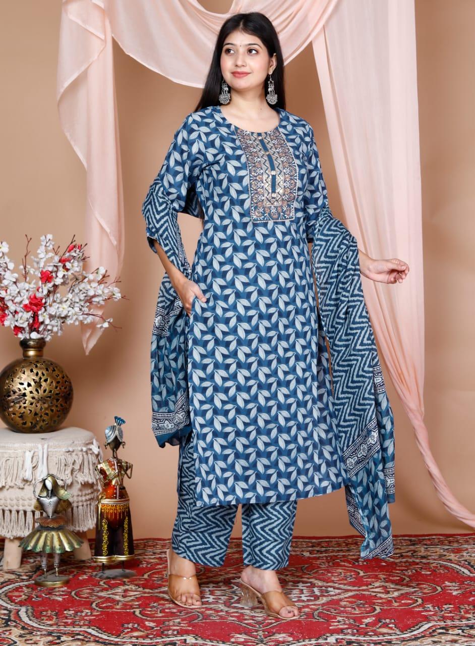 Printed Cotton Kurta and Pant Set with Printed Mulmul Dupatta