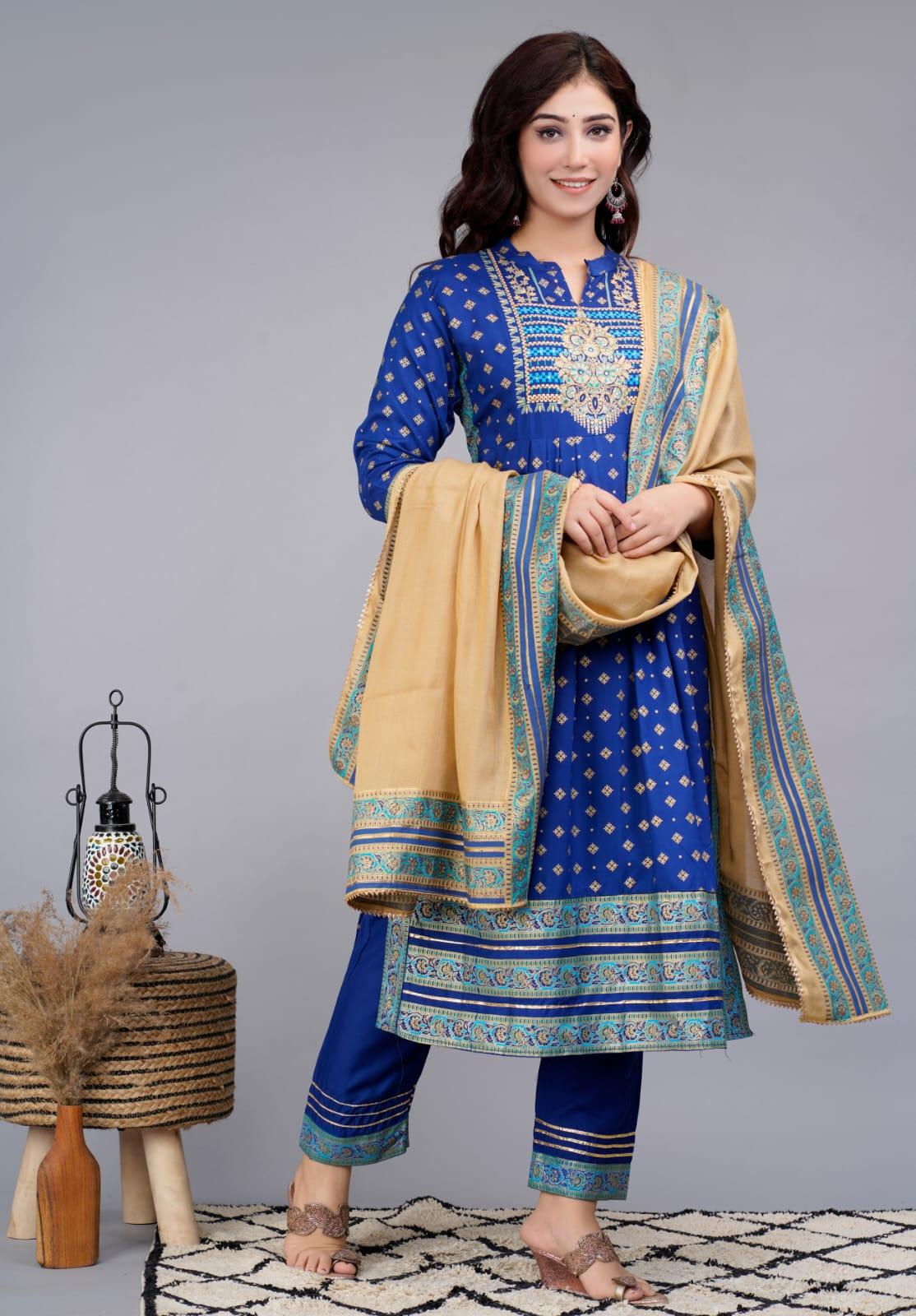 Blue Handwork Embroidered Kurta And Pant Set With Dupatta