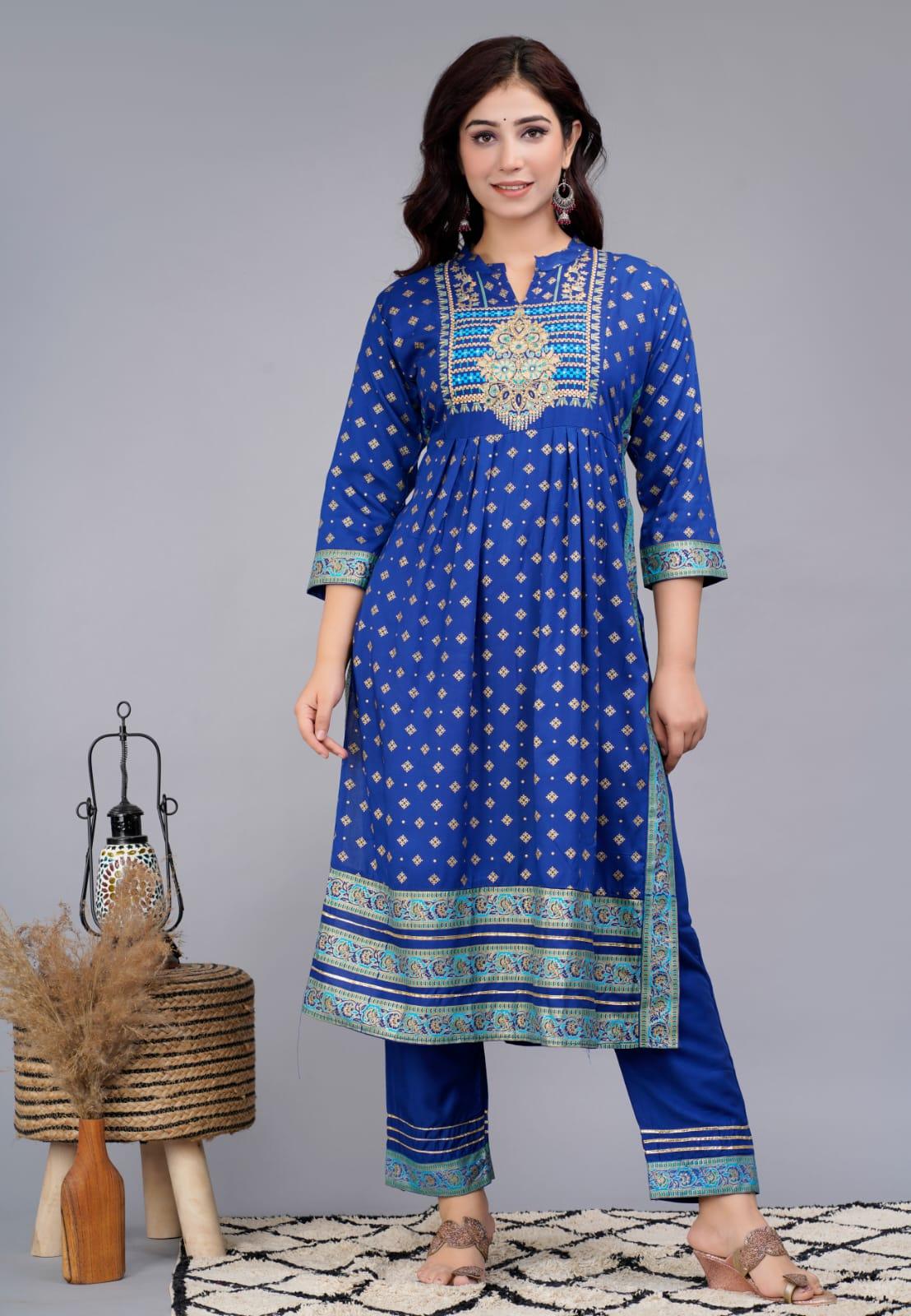 Blue Handwork Embroidered Kurta And Pant Set With Dupatta