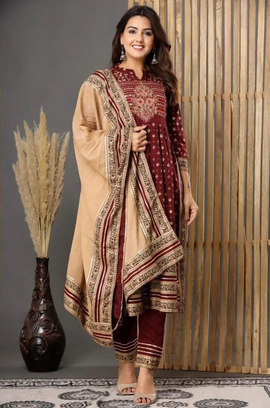 Maroon Handwork Embroidered Kurta And Pant Set With Dupatta