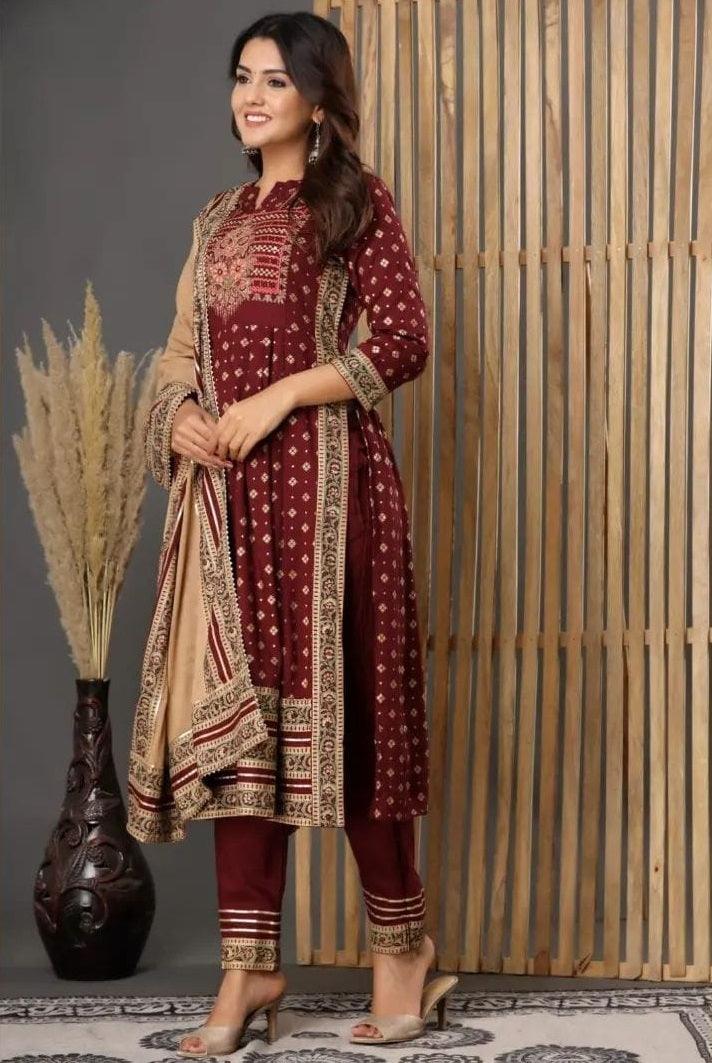 Maroon Handwork Embroidered Kurta And Pant Set With Dupatta