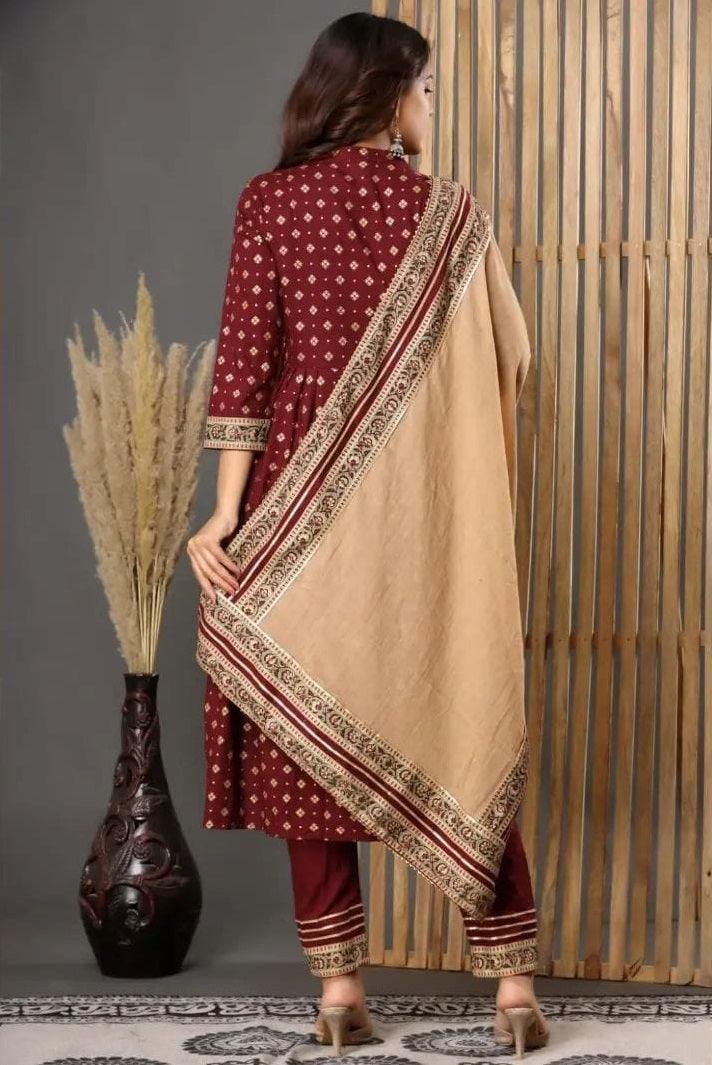 Maroon Handwork Embroidered Kurta And Pant Set With Dupatta