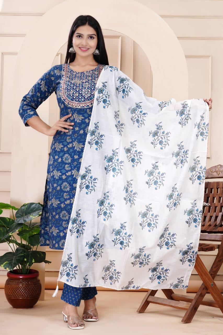 Blue Embroidered Cotton Suit Set with Mulmul Dupatta