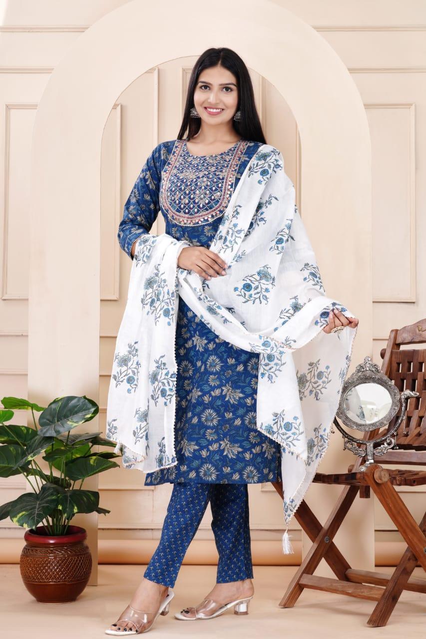 Blue Embroidered Cotton Suit Set with Mulmul Dupatta