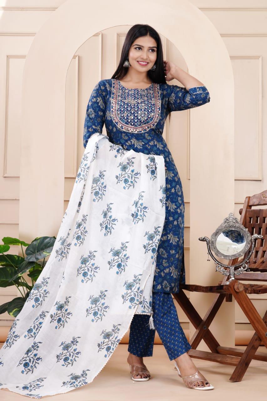 Blue Embroidered Cotton Suit Set with Mulmul Dupatta