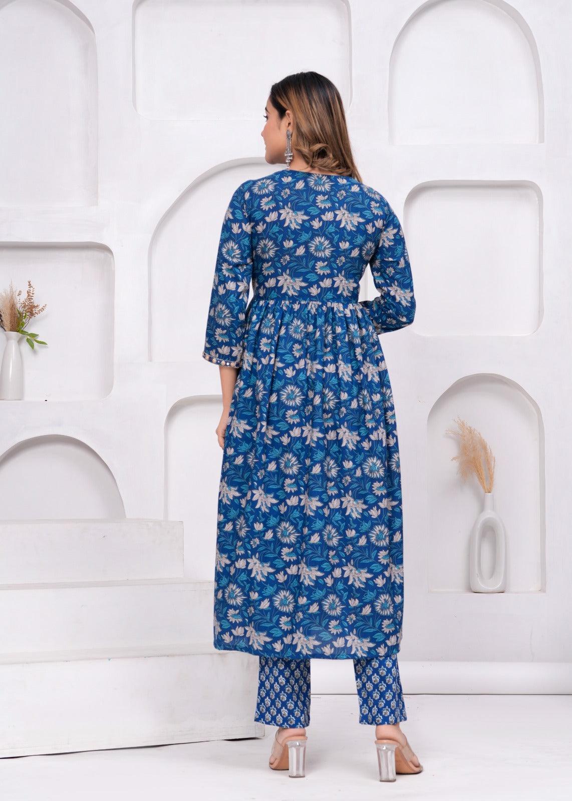 Blue Embroidered Floral Printed Rayon Suit Set with Chiffon Dupatta