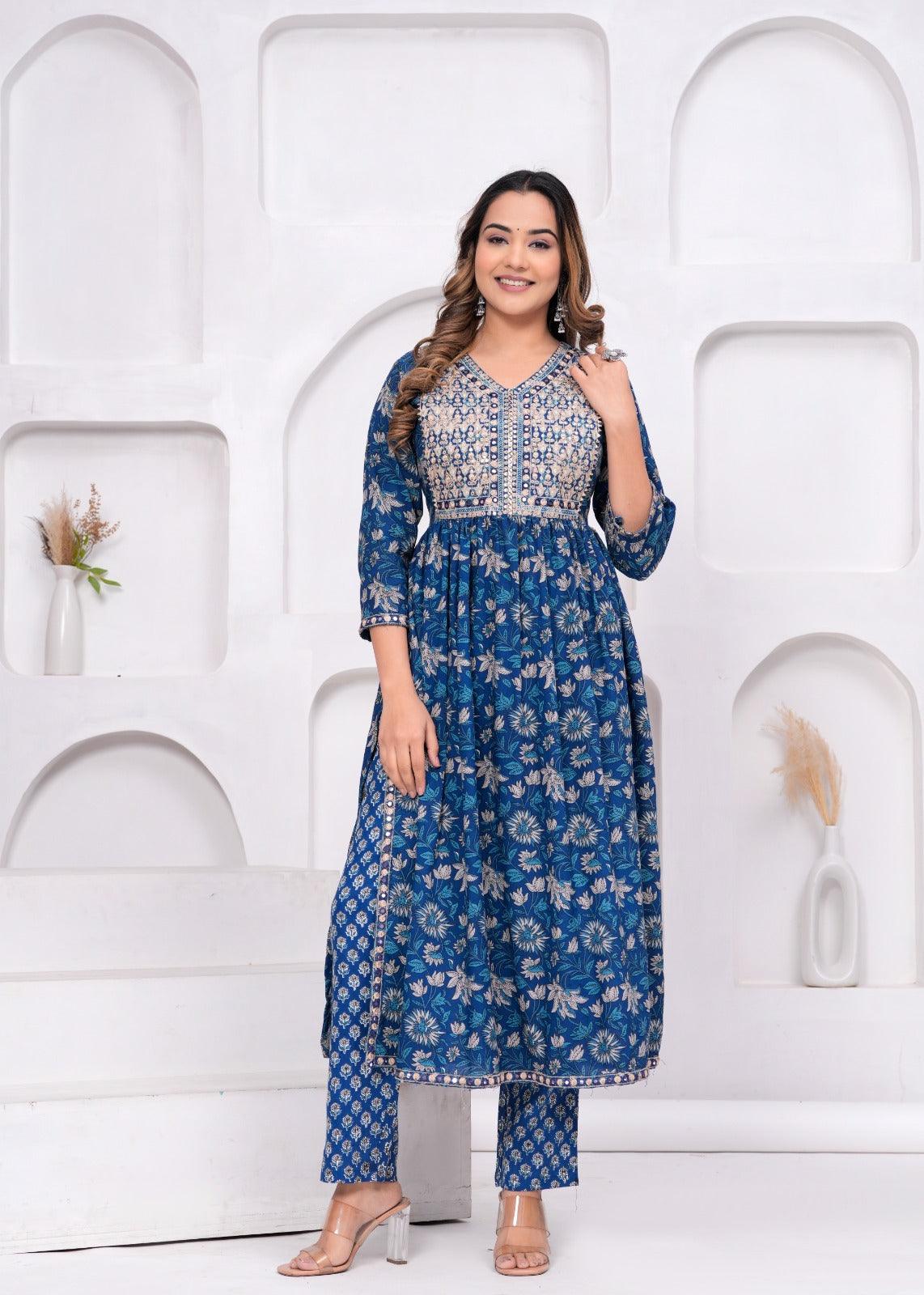 Blue Embroidered Floral Printed Rayon Suit Set with Chiffon Dupatta