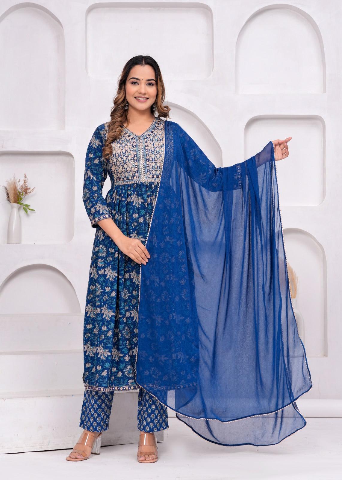 Blue Embroidered Floral Printed Rayon Suit Set with Chiffon Dupatta