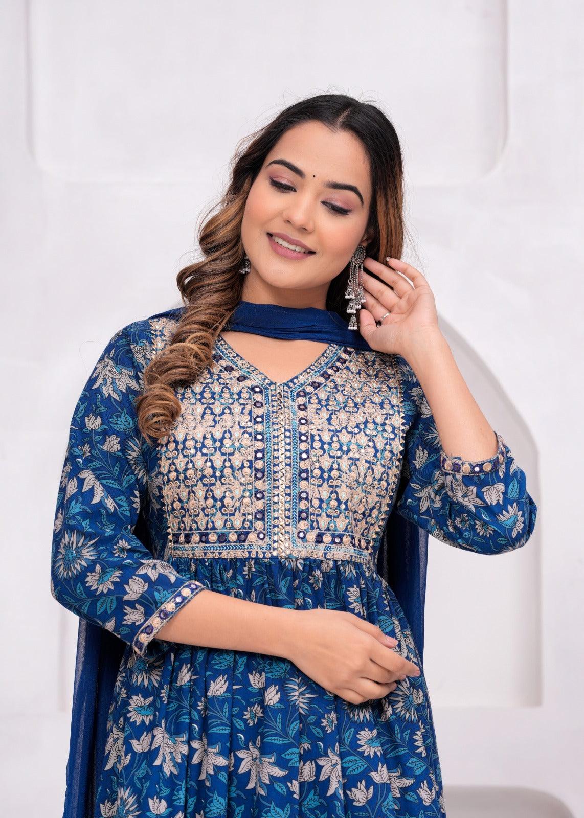 Blue Embroidered Floral Printed Rayon Suit Set with Chiffon Dupatta