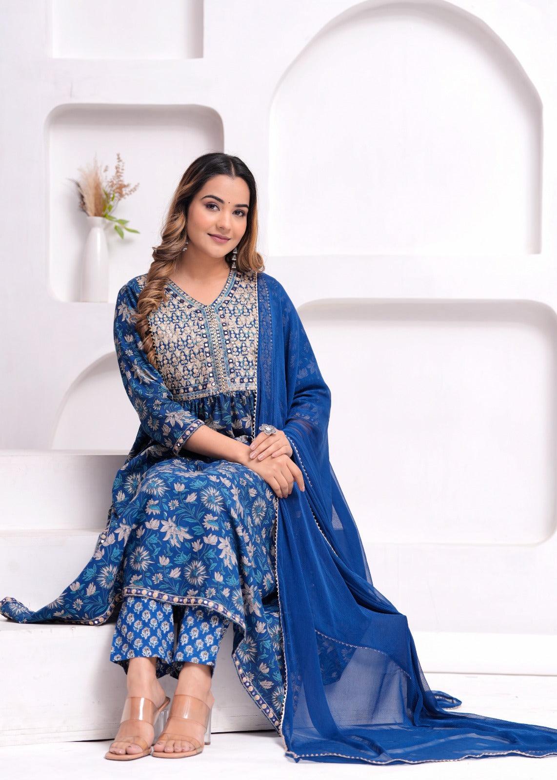 Blue Embroidered Floral Printed Rayon Suit Set with Chiffon Dupatta