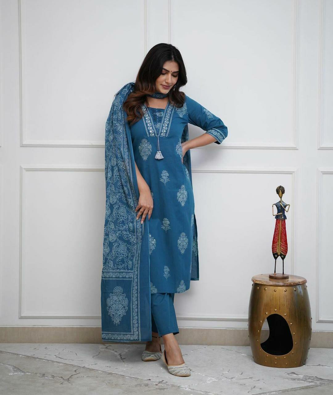 Dusk Blue Cotton Kurta And Pant Set With Mulmul Dupatta