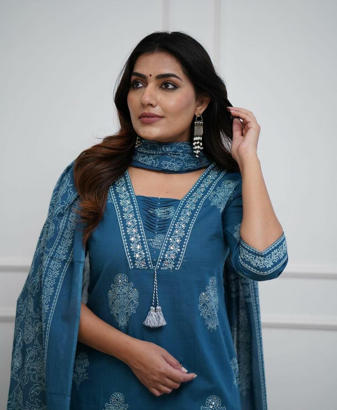 Dusk Blue Cotton Kurta And Pant Set With Mulmul Dupatta