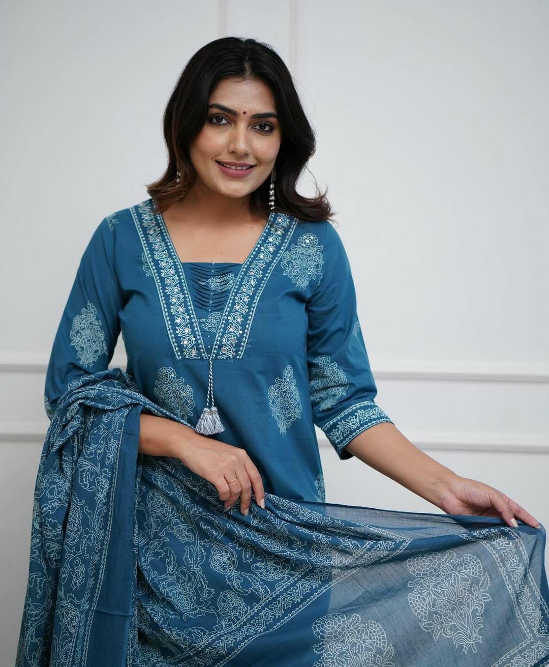 Dusk Blue Cotton Kurta And Pant Set With Mulmul Dupatta