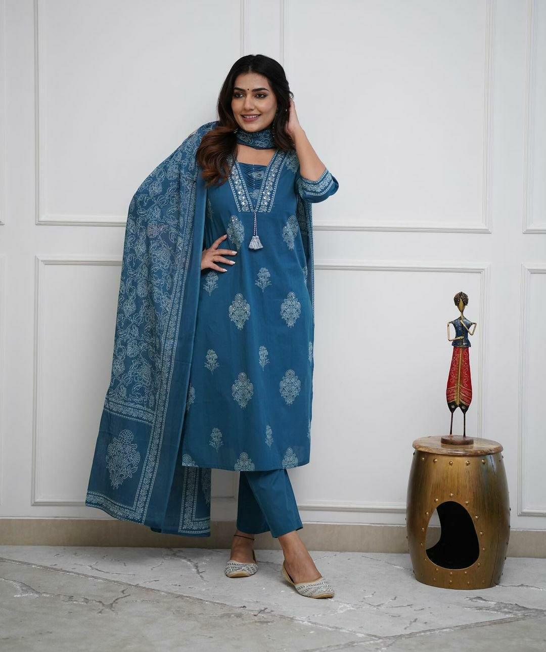 Dusk Blue Cotton Kurta And Pant Set With Mulmul Dupatta