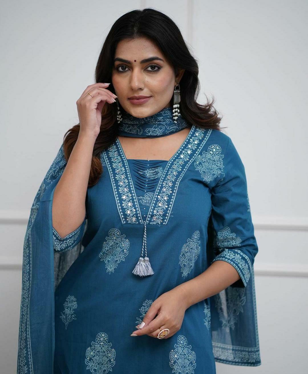 Dusk Blue Cotton Kurta And Pant Set With Mulmul Dupatta