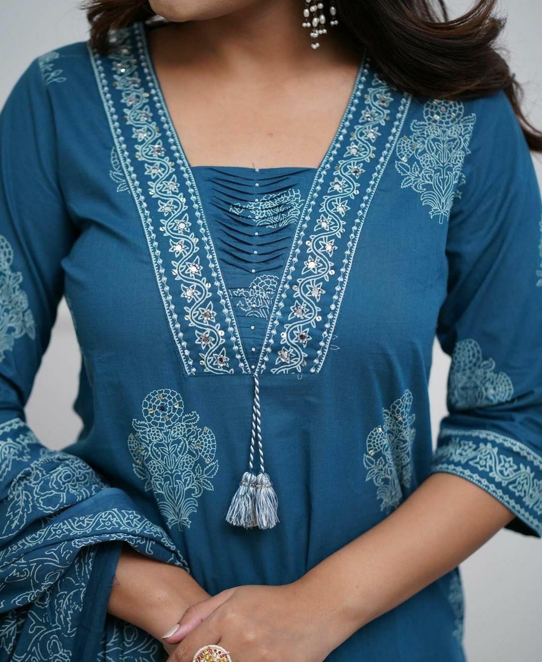 Dusk Blue Cotton Kurta And Pant Set With Mulmul Dupatta