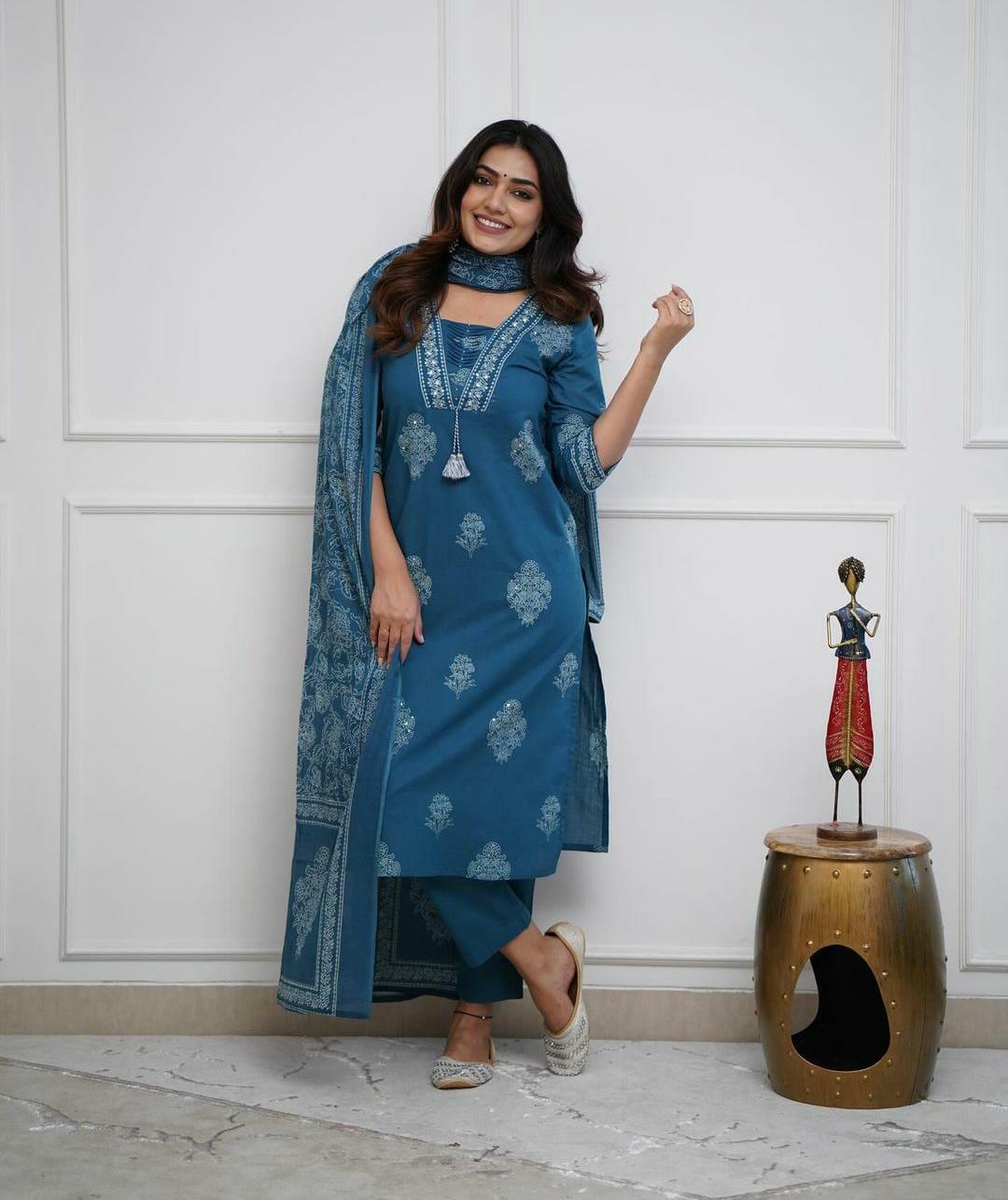 Dusk Blue Cotton Kurta And Pant Set With Mulmul Dupatta