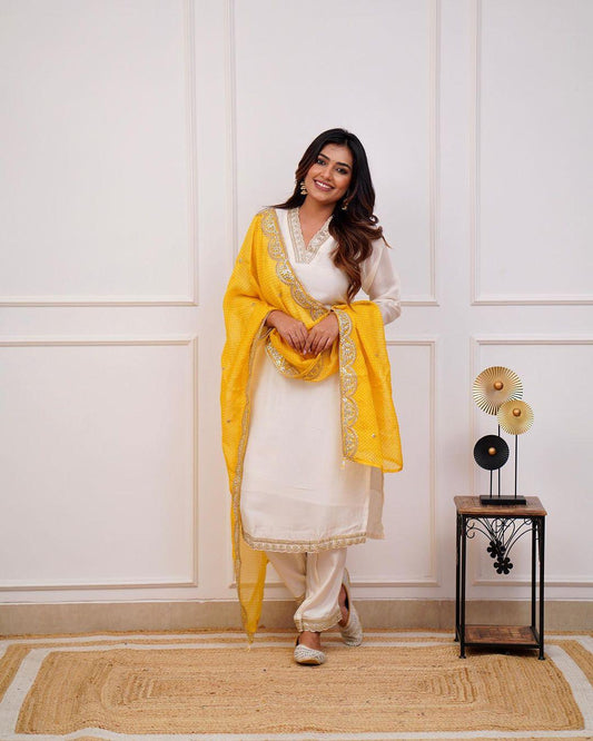 Off White Embroidered Cotton Silk Suit Set with Chanderi Dupatta