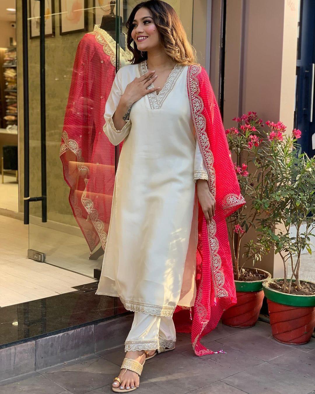 Off White Embroidered Cotton Silk Suit Set with Chanderi Dupatta