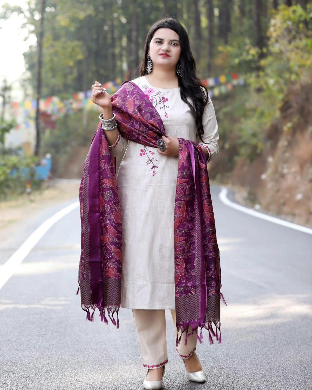 Off White Embroidered Cotton Suit Set with Khadi Silk Dupatta