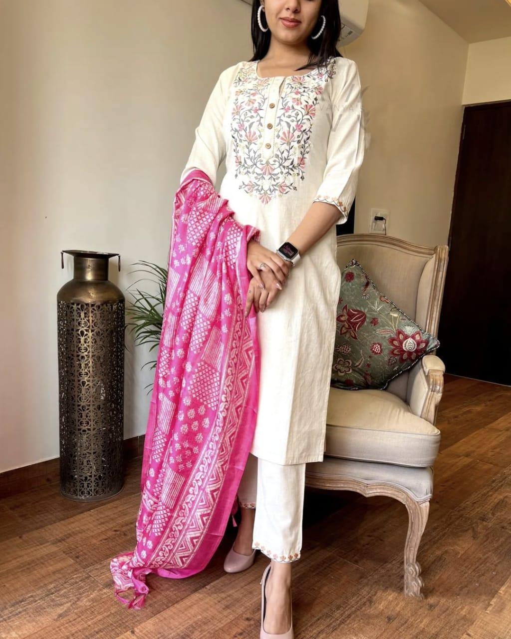 Off White Embroidered Khadi Cotton Suit Set with Dupatta