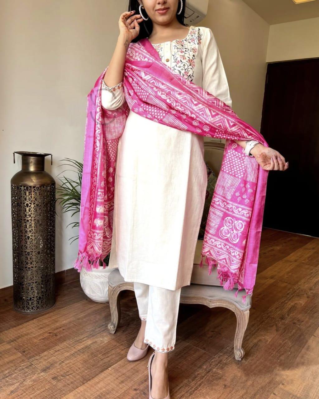 Off White Embroidered Khadi Cotton Suit Set with Dupatta