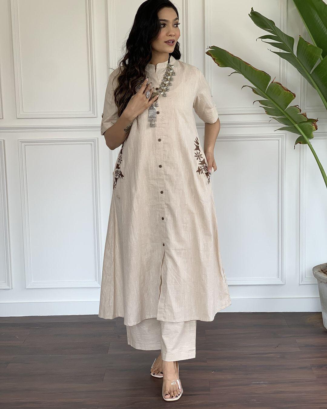 Foggy Grey Embroidered Cotton Kurta and Palazzo Set