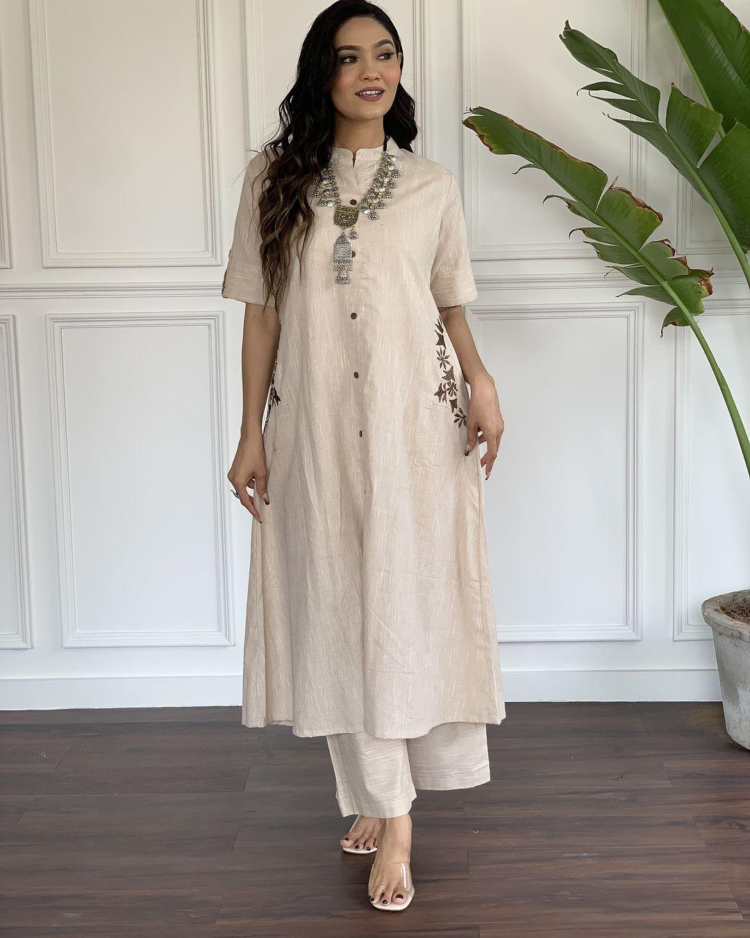 Foggy Grey Embroidered Cotton Kurta and Palazzo Set