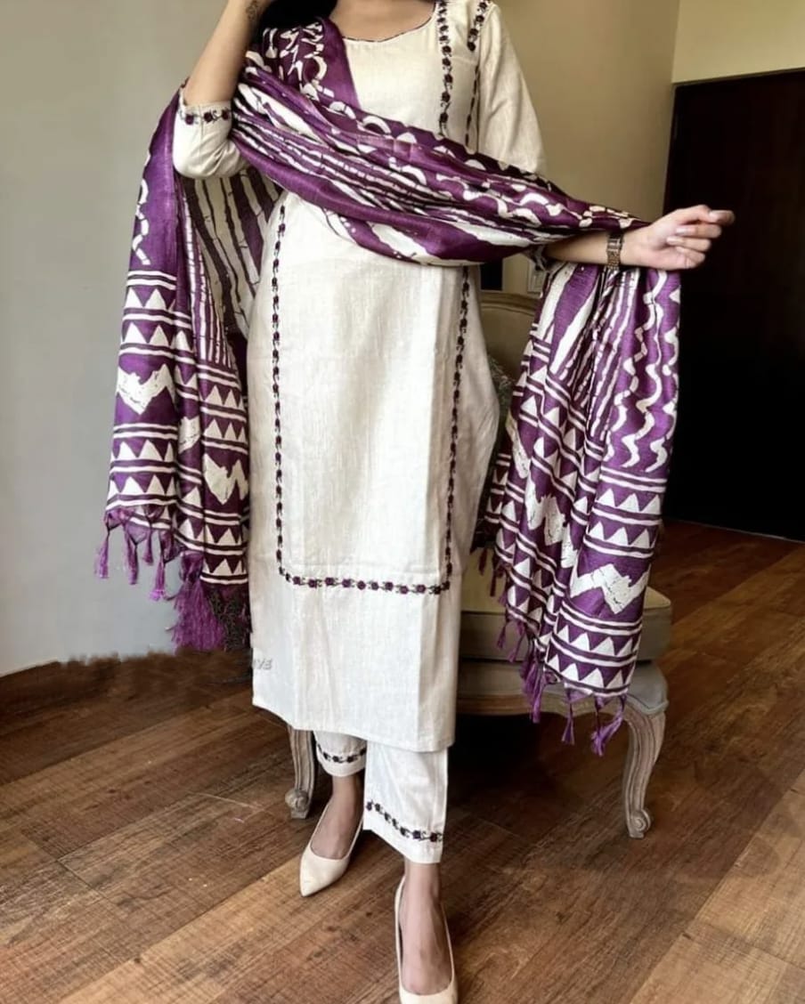 Off White Embroidered Cotton Kurta and Pant Set with Dupatta