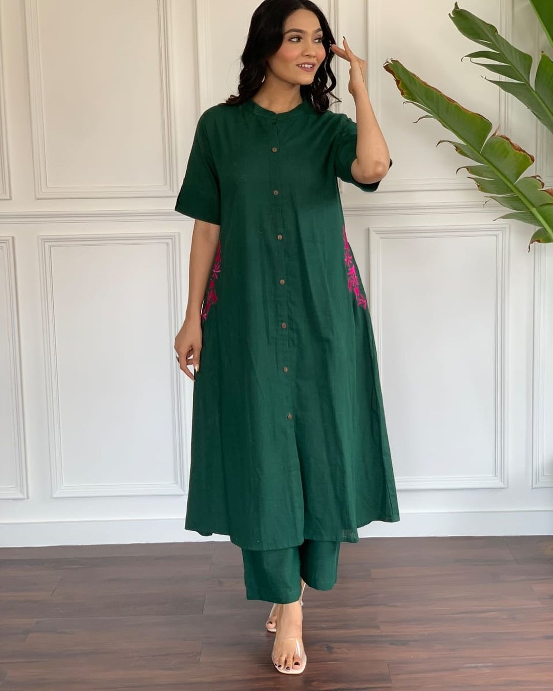 Dark Green Embroidered Cotton Kurta and Palazzo Set