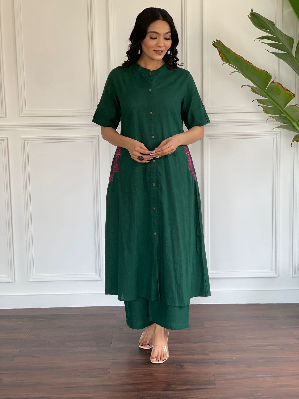 Dark Green Embroidered Cotton Kurta and Palazzo Set